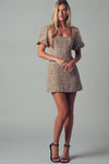 Romantic Square Neck Puff Sleeve Tweed Mini Dress