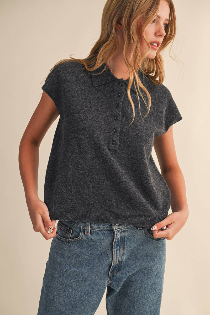 CAP SLEEVE COLLARED SWEATER VEST