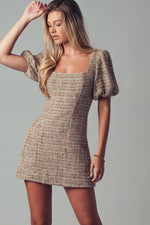 Romantic Square Neck Puff Sleeve Tweed Mini Dress