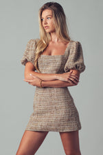 Romantic Square Neck Puff Sleeve Tweed Mini Dress