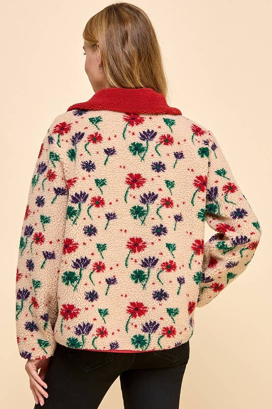 Floral Fabric Collared Sherpa Jacket