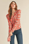 RUCHED BUTTON DOWN PUFF SLEEVE TOP