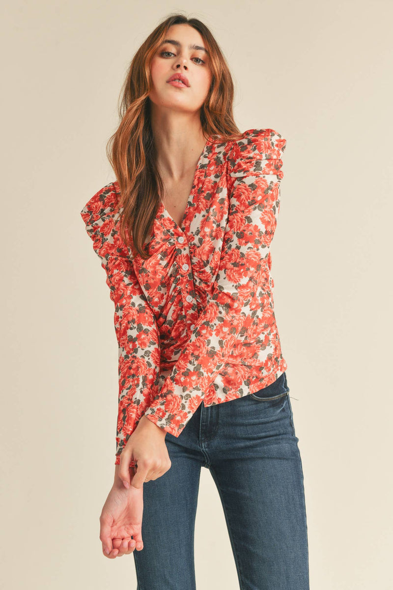 RUCHED BUTTON DOWN PUFF SLEEVE TOP