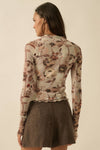 Floral Mesh Raglan-Sleeve Mock-Neck Thumbhole Top