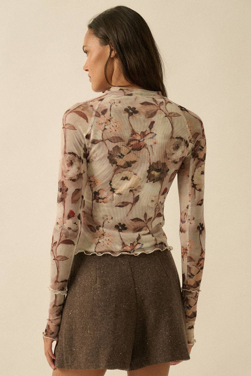 Floral Mesh Raglan-Sleeve Mock-Neck Thumbhole Top