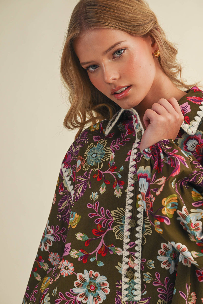 BLANKET STITCH BUTTONED MINI DRESS