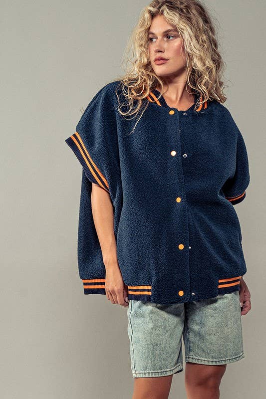 Oversized Sherpa Textured Varsity Button Front Vest