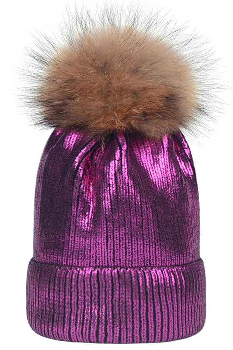 METALLIC SPARKLY FLUFFY POM POM BEANIE SILVER