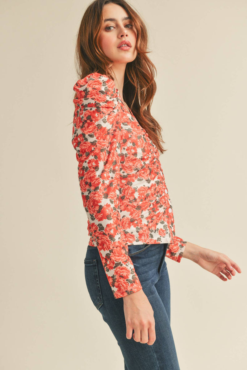 RUCHED BUTTON DOWN PUFF SLEEVE TOP