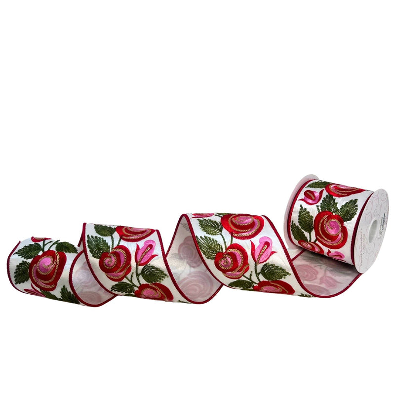 Sequins Floral Print on White Satin Ribbon 4” x 10yd