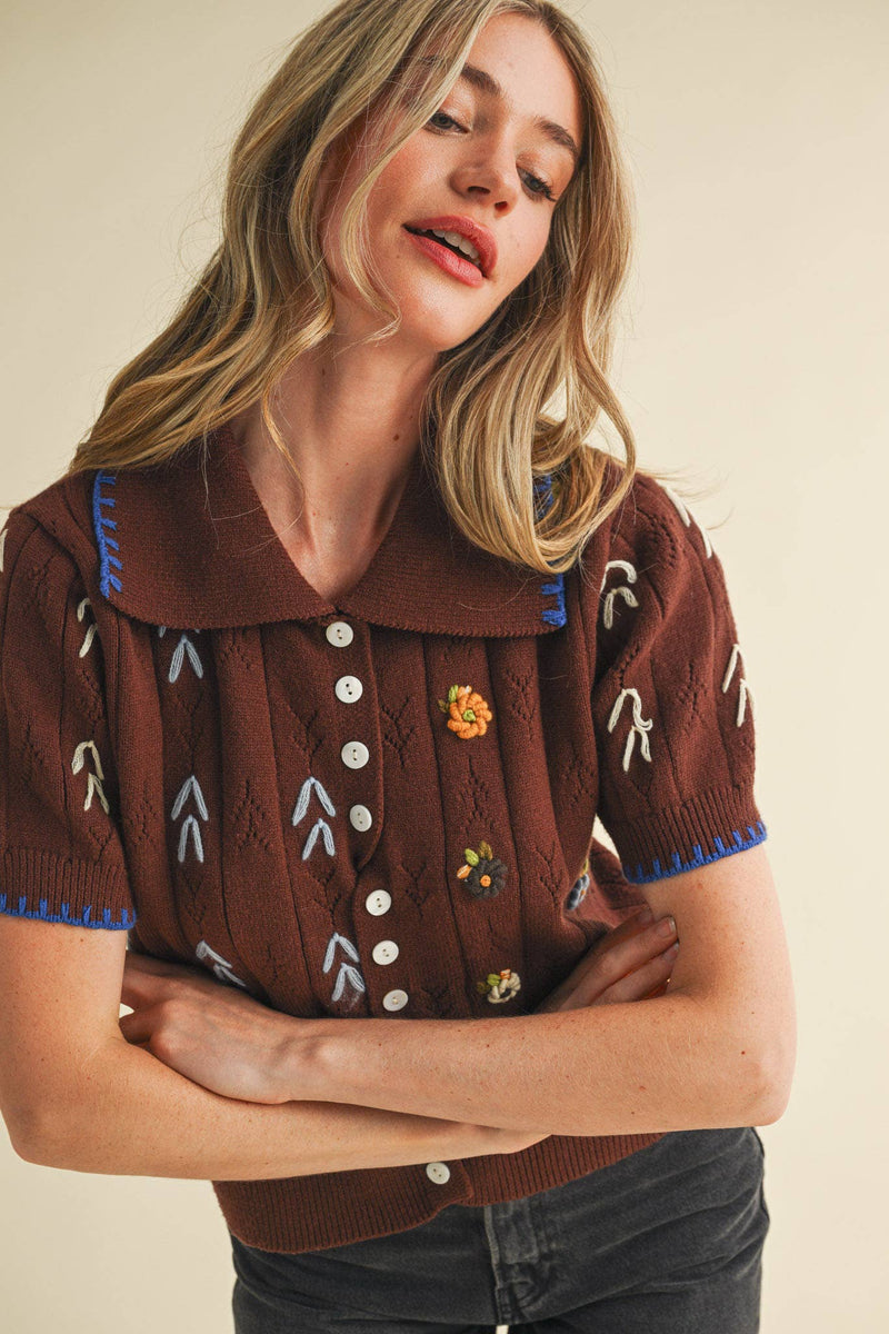 HAND EMBROIDERED SHORT SLV BUTTON DOWN SWEATER