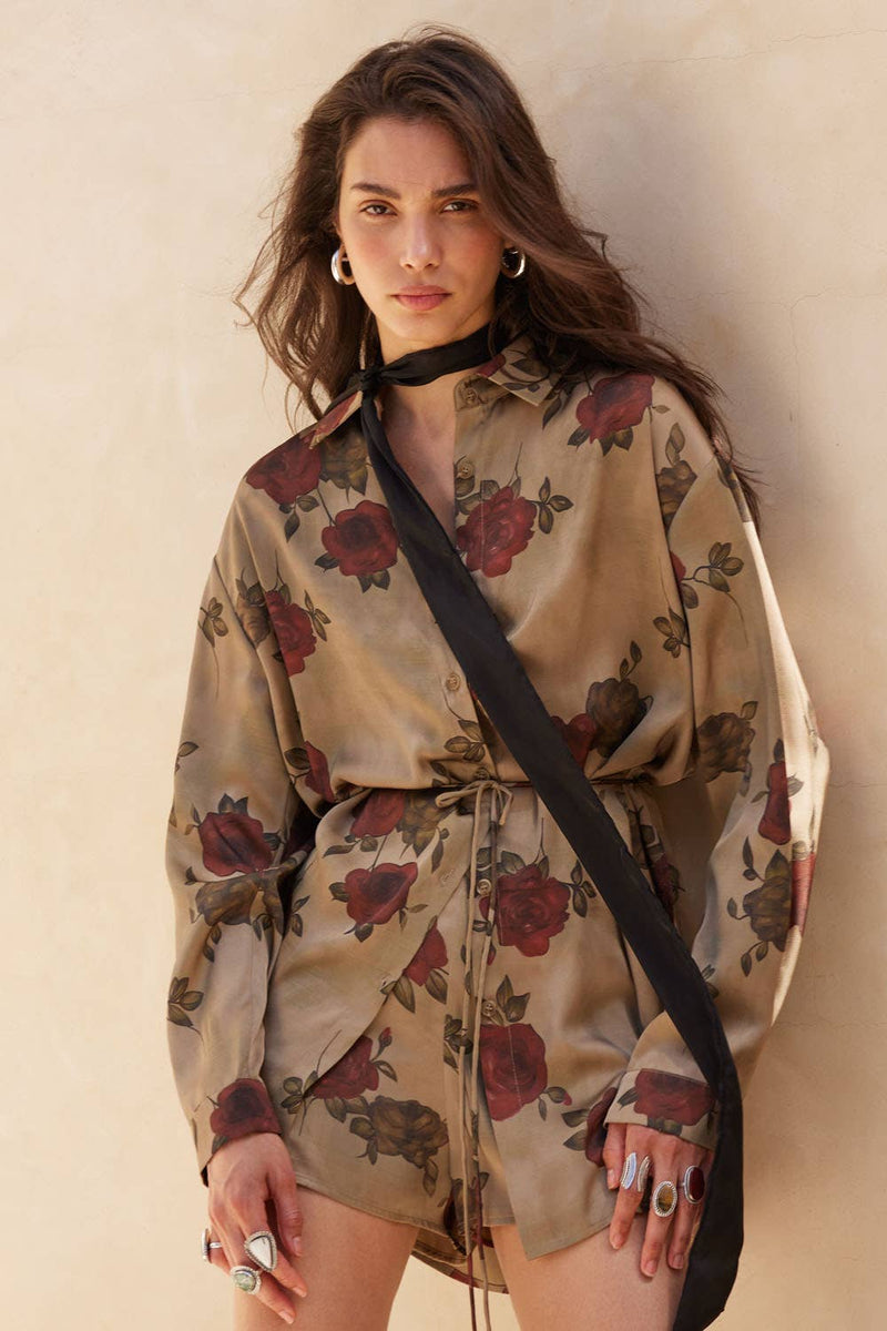 Floral Satin Belted Button-Up Shirt Romper