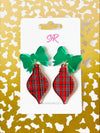 Red Plaid Acrylic Ornament Dangle Earring with Green Bow