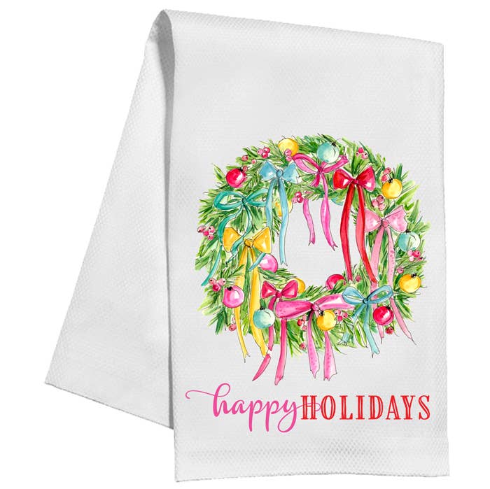 Happy Holidays Wreath Ornaments and Bows Kitchen Towel