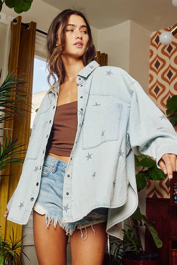 Star Print Washed Denim Shirt Jacket Shacket