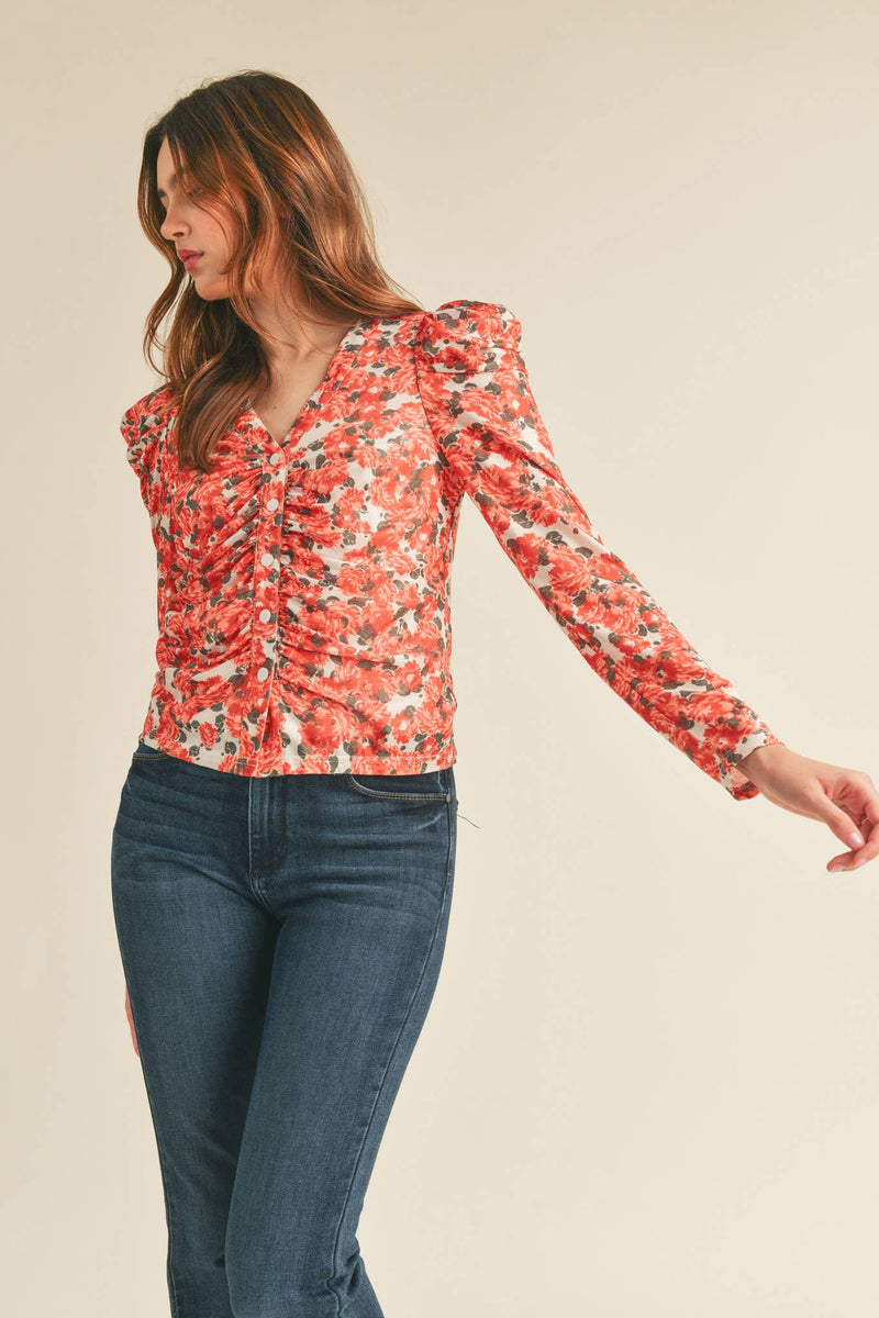 RUCHED BUTTON DOWN PUFF SLEEVE TOP