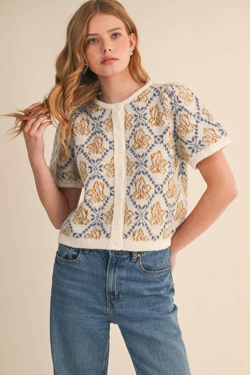 FLORAL SHORT SLEEVE SWEATER CARDIGAN
