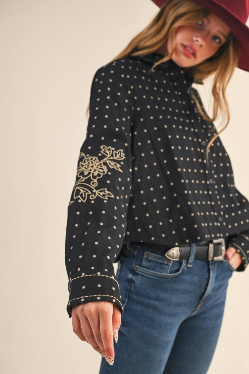 POLKA DOT FLORAL EMBROIDERY BUTTON UP TOP