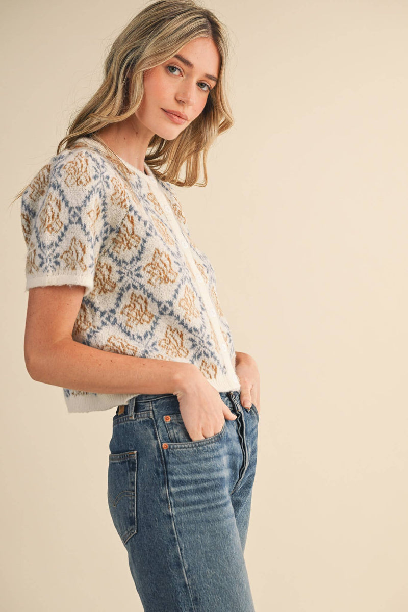 FLORAL SHORT SLEEVE SWEATER CARDIGAN