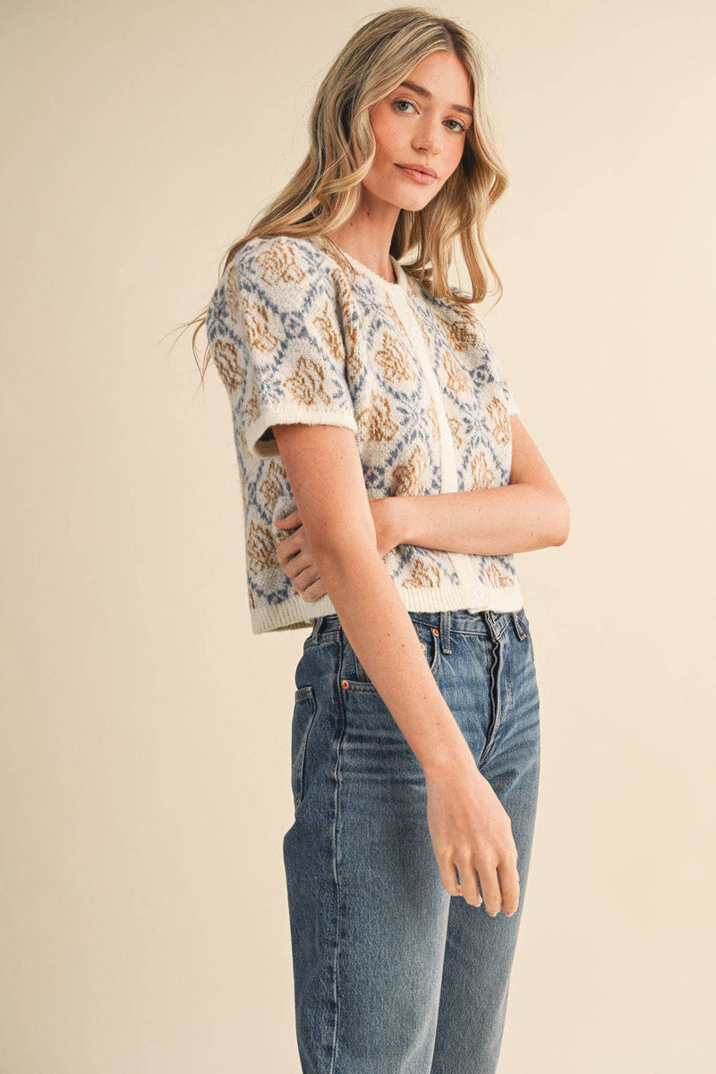 FLORAL SHORT SLEEVE SWEATER CARDIGAN