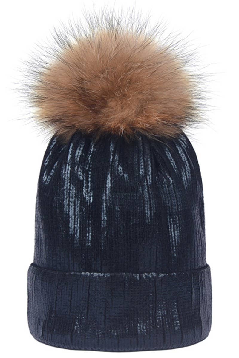 METALLIC SPARKLY FLUFFY POM POM BEANIE ROSE