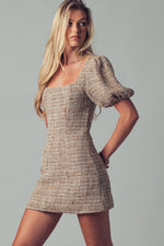Romantic Square Neck Puff Sleeve Tweed Mini Dress