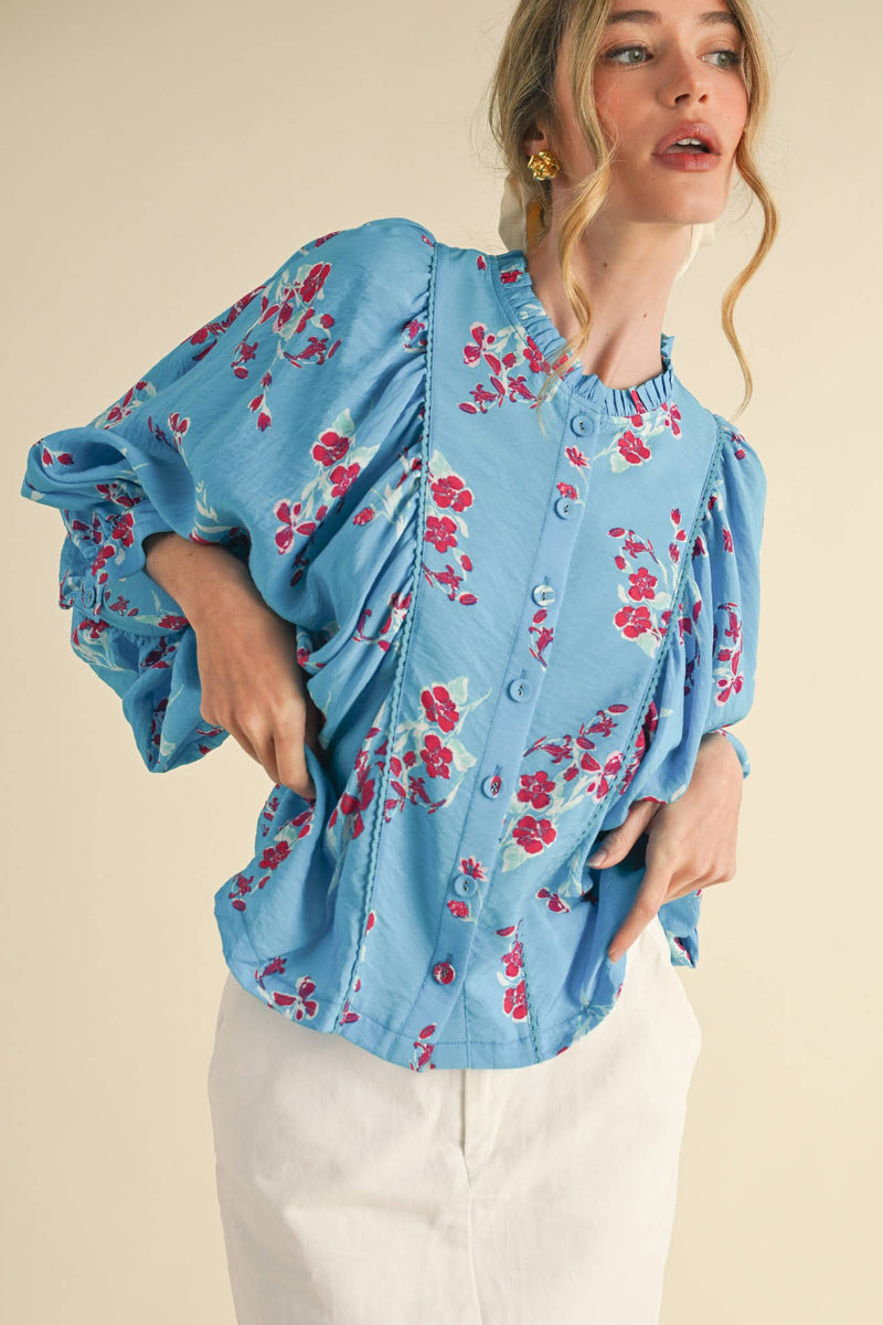 EXCLUSIVE PRINT FLORAL DOLMAN SLEEVE BLOUSE