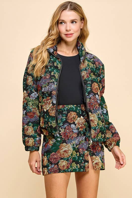 Corduroy Floral Printed Puffer Jacket