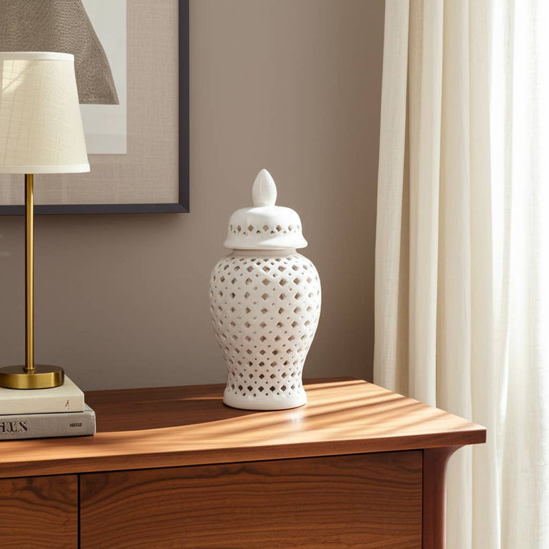 Ceramic Intricate Cut Out Lidded Jar - White, 24 in.