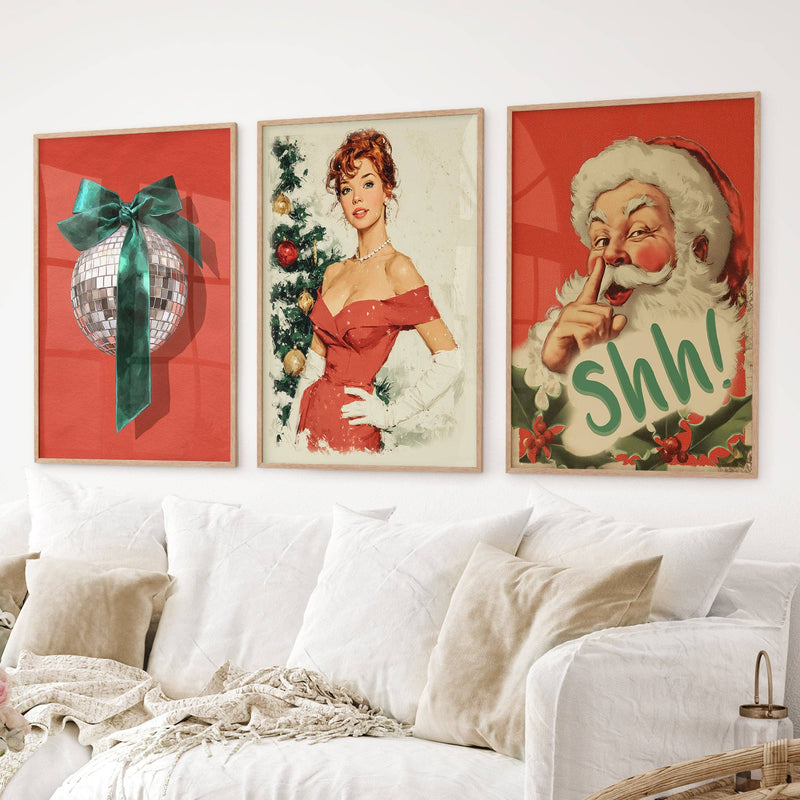 Retro Holiday 3 Piece Wall Art: Santa, Pin-Up Girl, Disco Ball