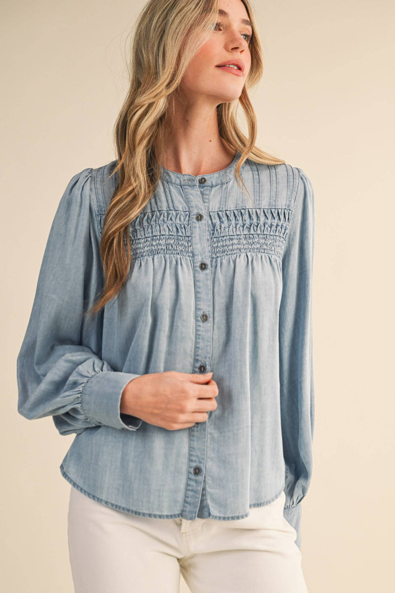 CHAMBRAY BUTTON DOWN TOP WITH PINTUCK DETAIL MTP4363