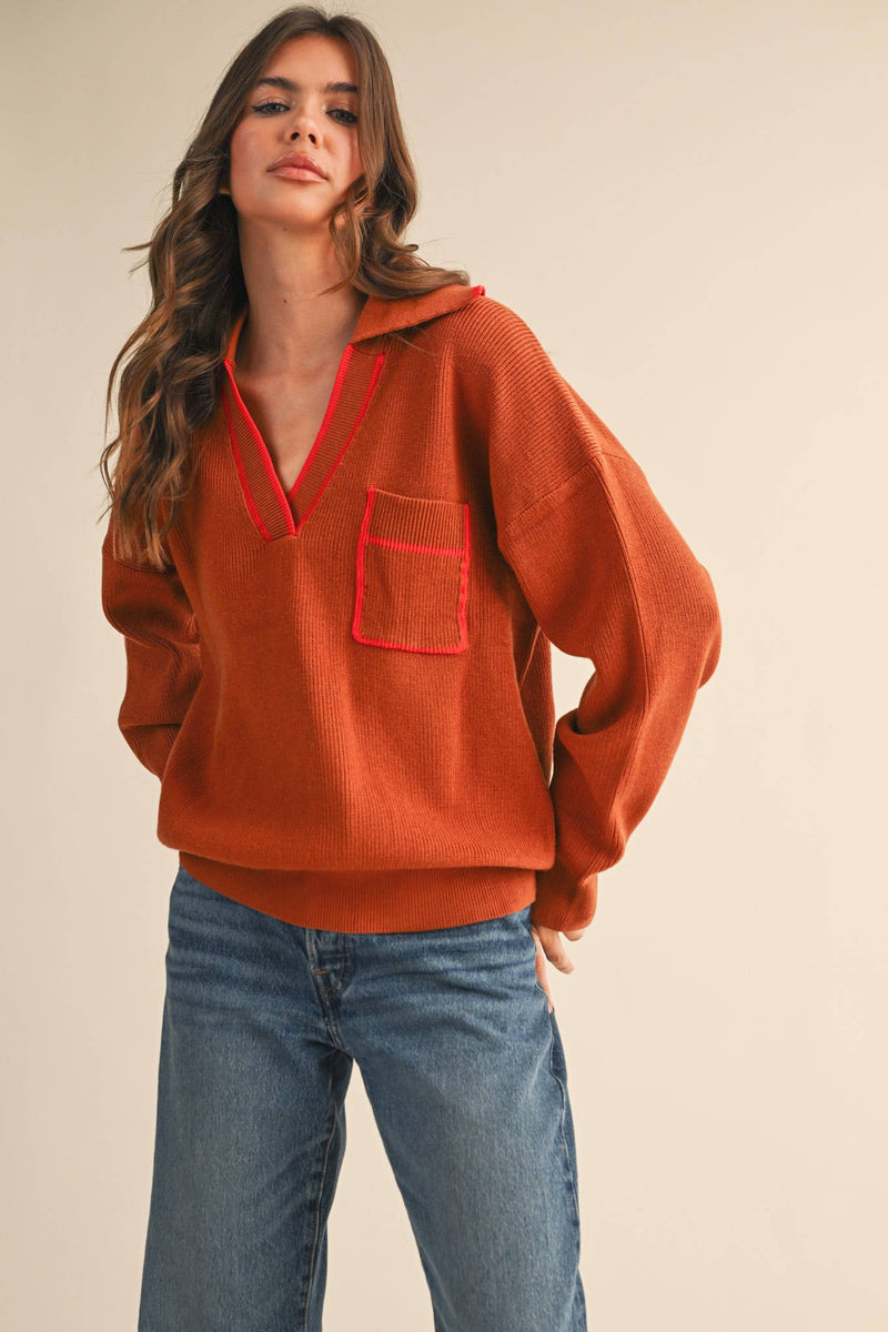 RIBBED COLLARED PULLOVER SWEATER