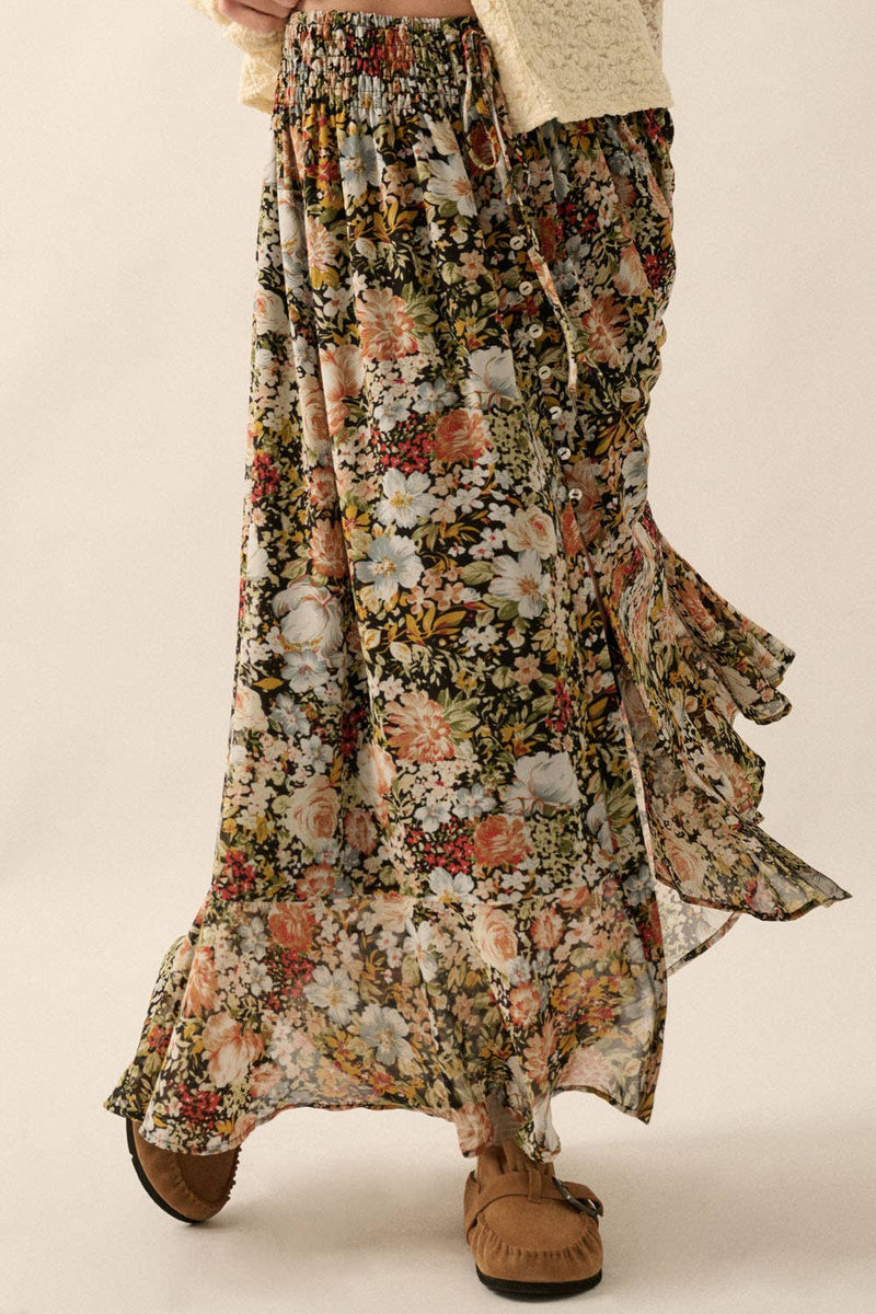 Floral Front Slit Woven Maxi Skirt