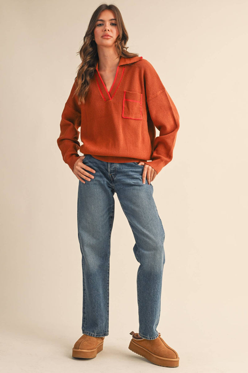 RIBBED COLLARED PULLOVER SWEATER