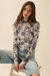 Floral Mesh Raglan-Sleeve Mock-Neck Thumbhole Top