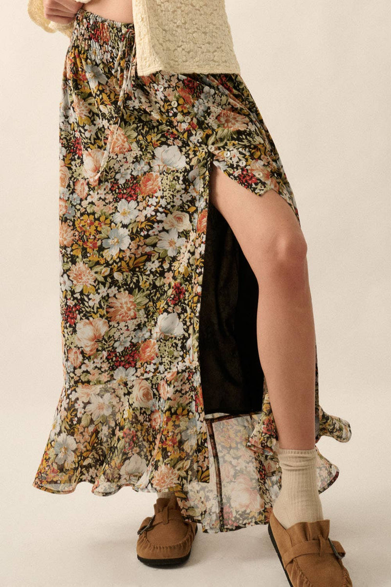 Floral Front Slit Woven Maxi Skirt