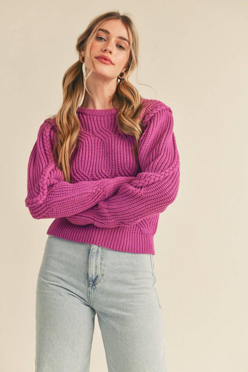 BRAIDED CABLE KNIT PUFF SLEEVE SWEATER