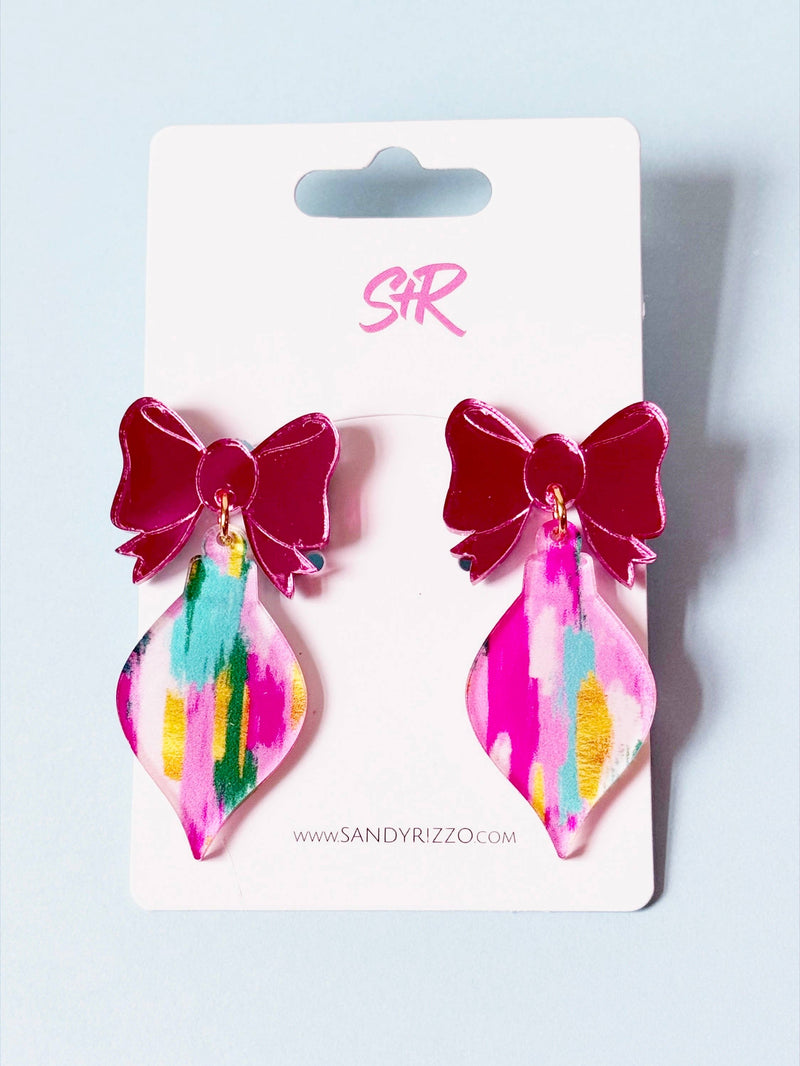 Color Play Acrylic Ornament Dangle Earring with Pink Bow