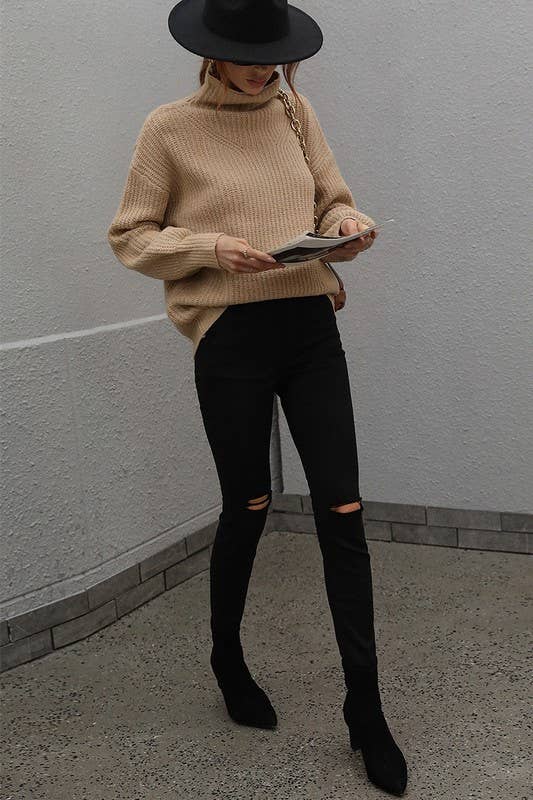 TURTLE NECK LOOSE SLEEVE KNIT SWEATER: APRICOT