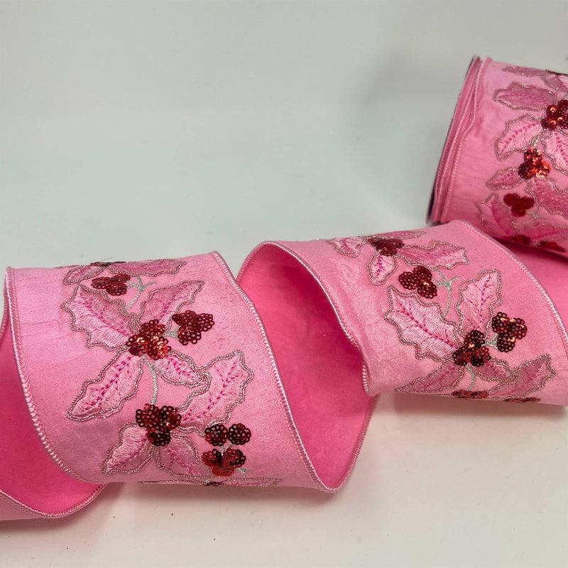 Holly Leaves Embroidery on Pink Dupion Ribbon 4” x 10yd