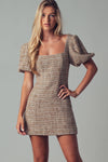 Romantic Square Neck Puff Sleeve Tweed Mini Dress