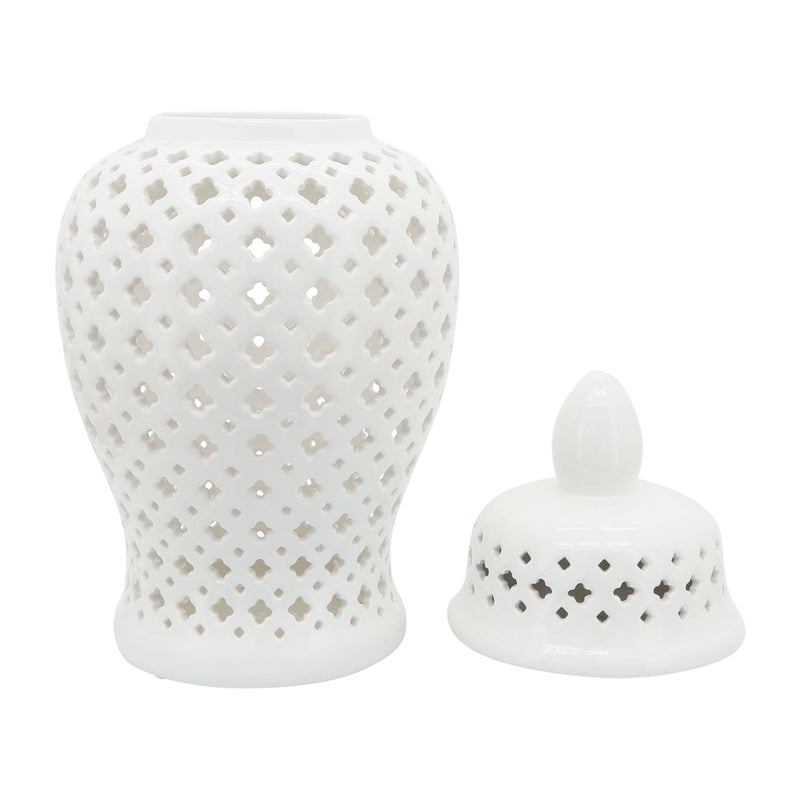 Ceramic Intricate Cut Out Lidded Jar - White, 24 in.