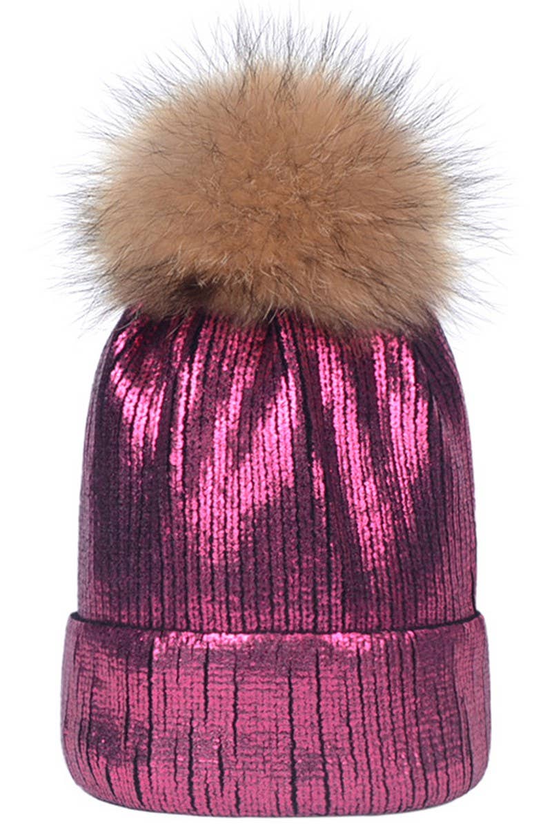 METALLIC SPARKLY FLUFFY POM POM BEANIE ROSE