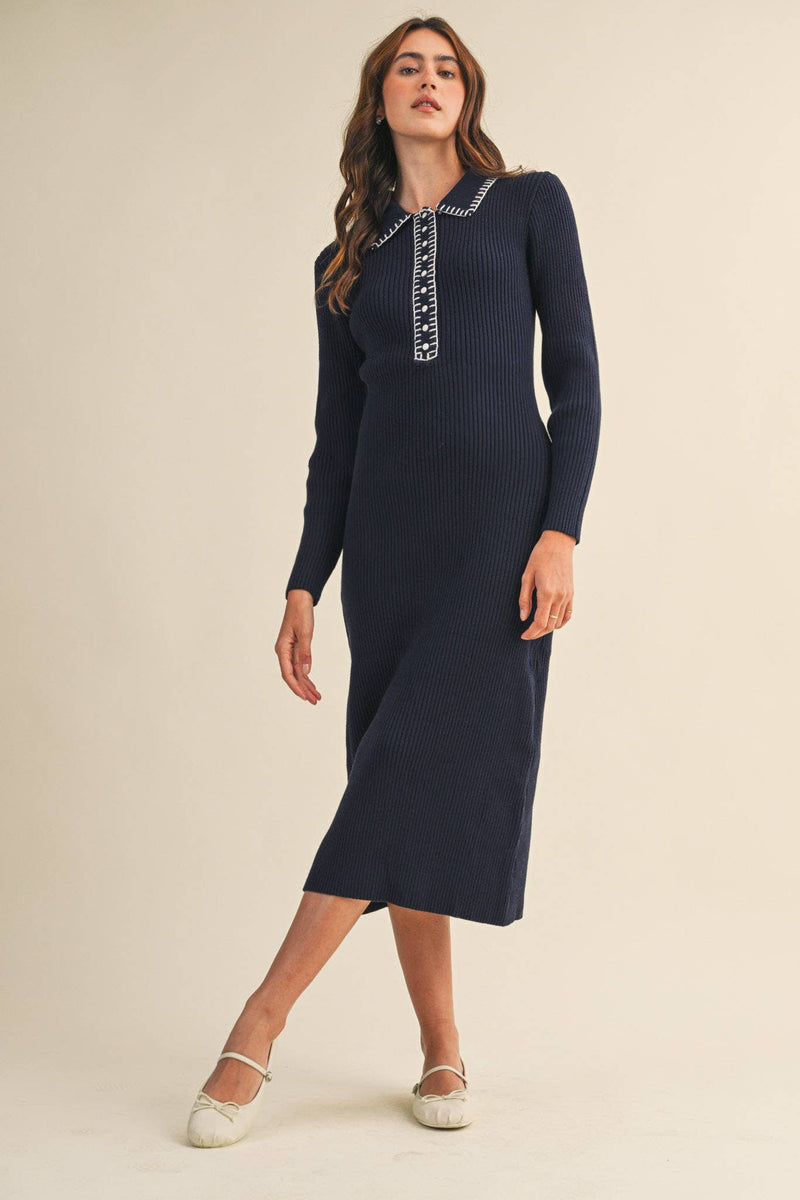 RIBBED SWEATER MIDI DRESS WITH CONTRAST STITCH