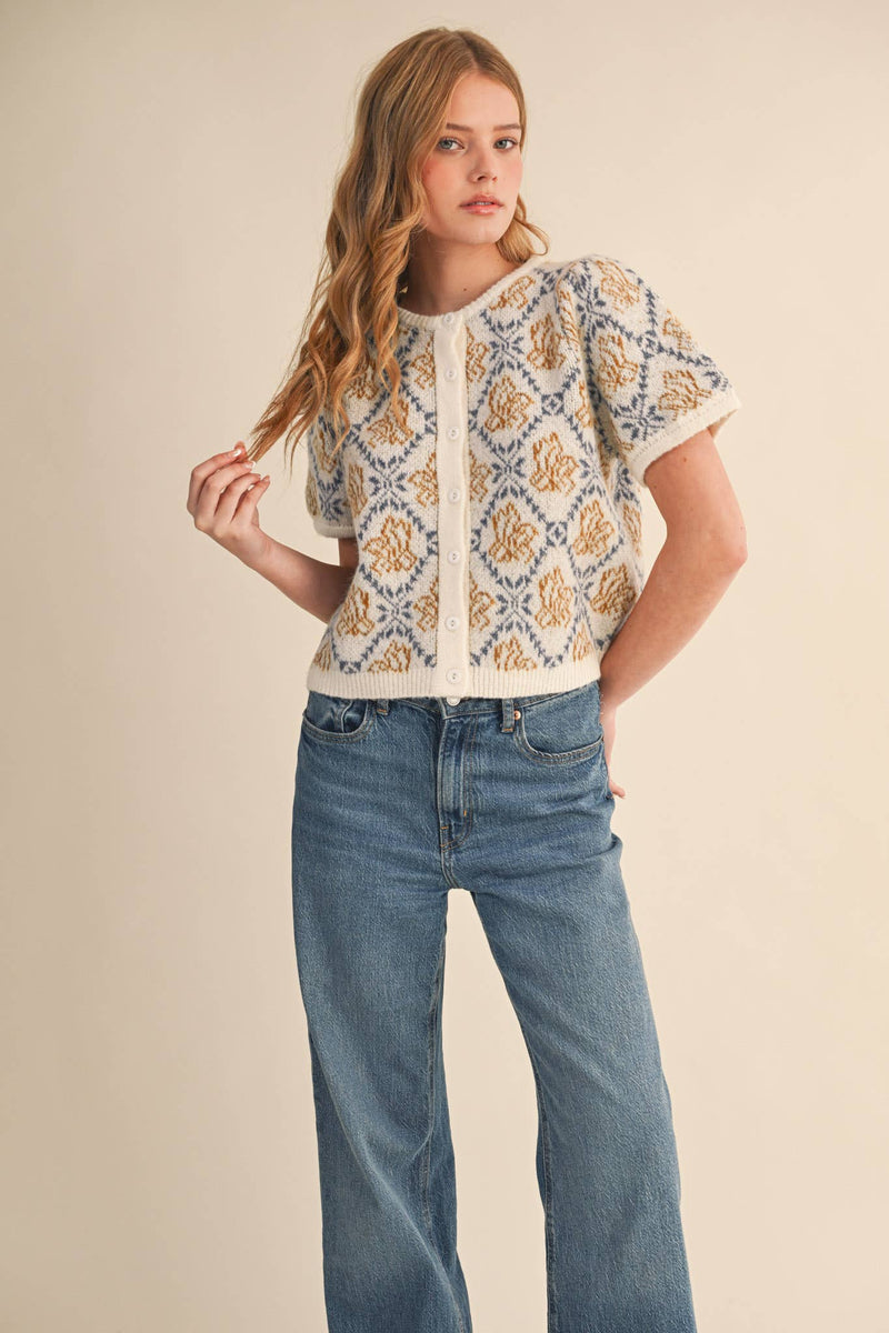 FLORAL SHORT SLEEVE SWEATER CARDIGAN