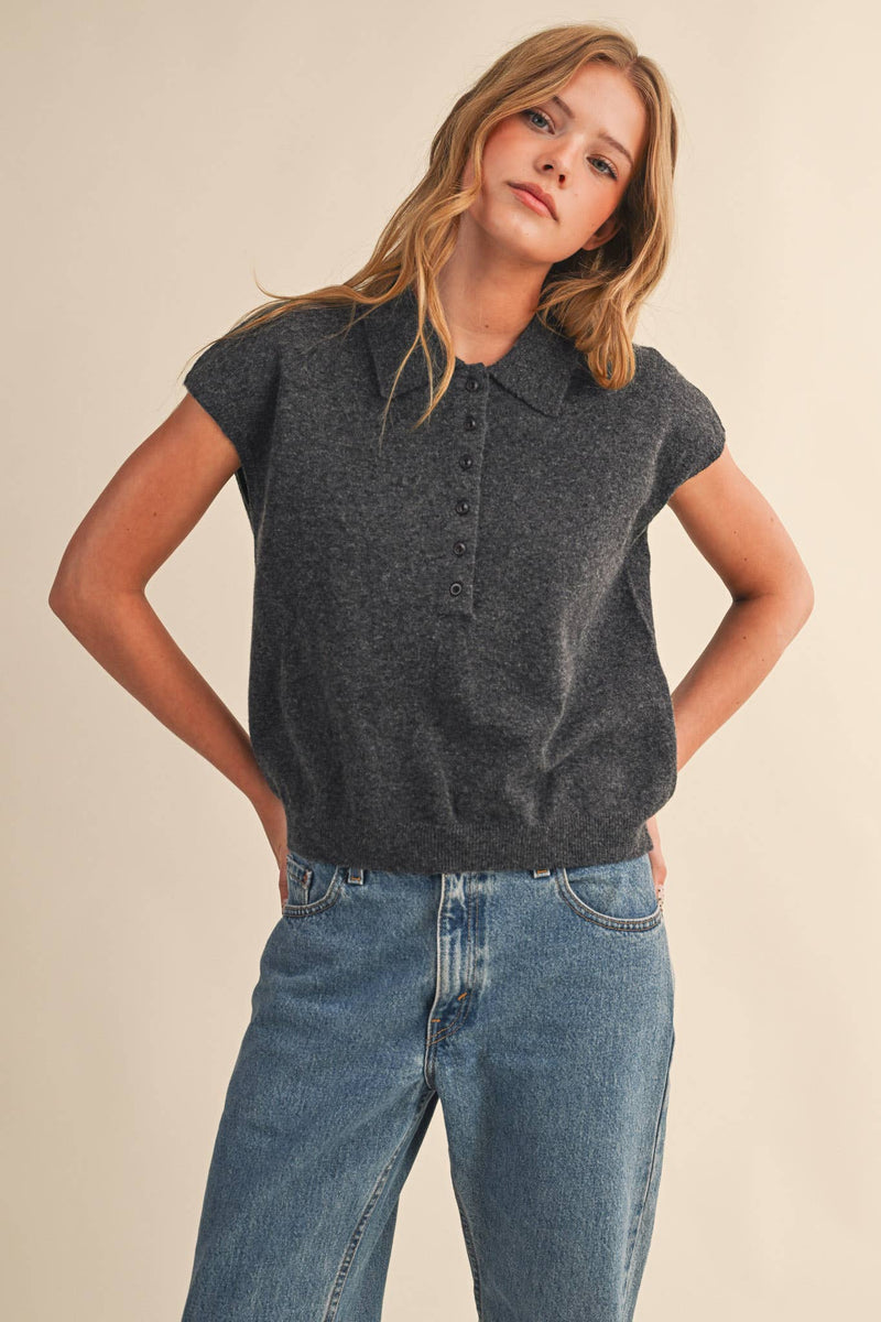 CAP SLEEVE COLLARED SWEATER VEST