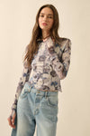 Floral Mesh Raglan-Sleeve Mock-Neck Thumbhole Top