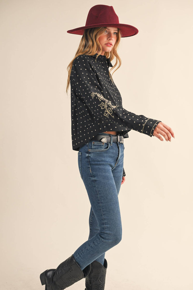 POLKA DOT FLORAL EMBROIDERY BUTTON UP TOP