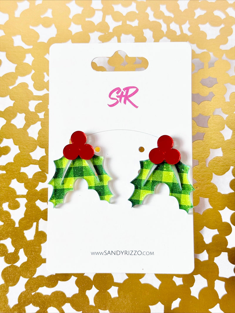Green Plaid Acrylic Holly Statement Stud Earring