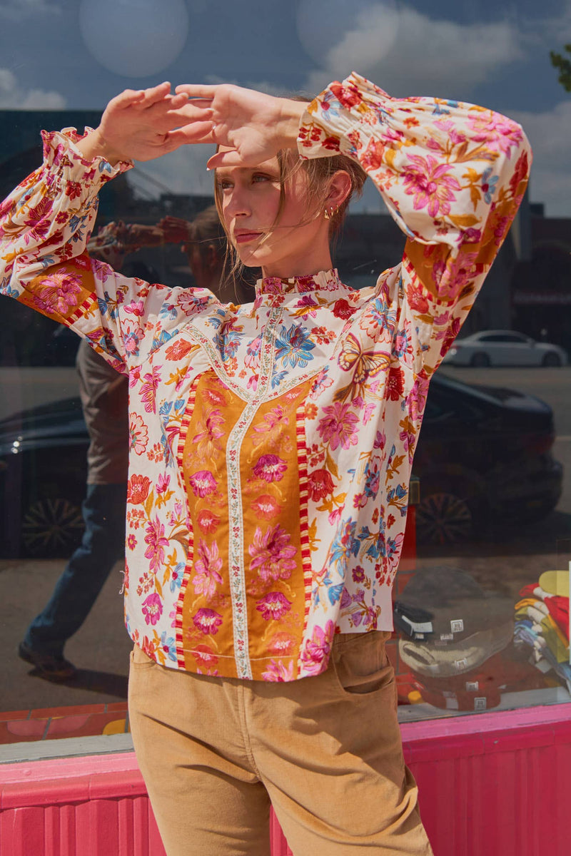 EXCLUSIVE FLORAL BORDER PRINT TOP WITH FLORAL TRIM